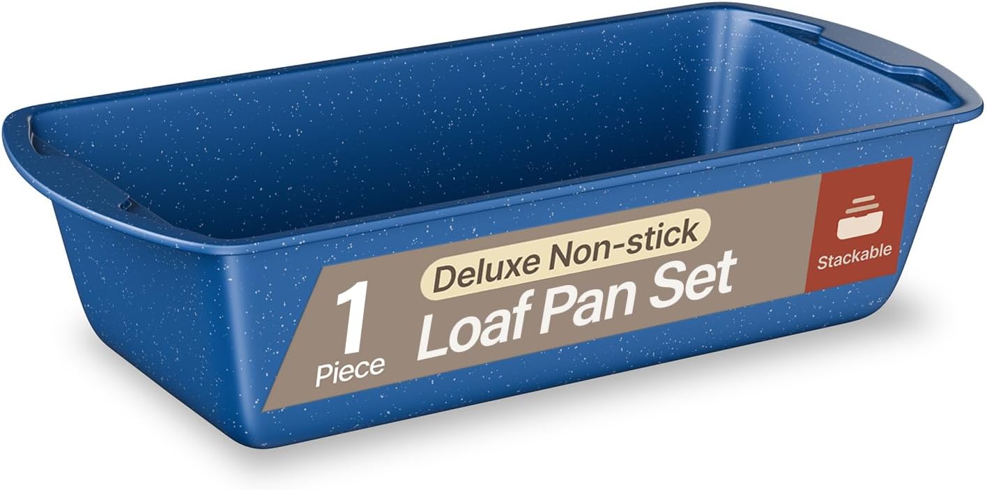 Nonstick Loaf Pan Set Pack of 1, Carbon Steel 11" Large Baking Bread Pan, Oven Safe Up to 450°F, PFOA, PFOS, PTFE Free, Space Saving Stackable Design, Stain Resistant, Dishwasher Friendly, Blue Marble