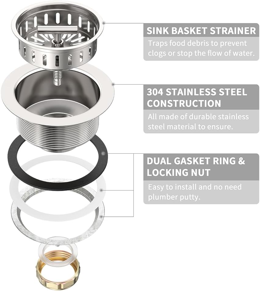 KONE 3-1/2 Inch Kitchen Sink Drain Strainer Assembly Made by All Stainless Steel with Strainer Basket/Drain Stopper, Replacement for Standard Commercial Drains