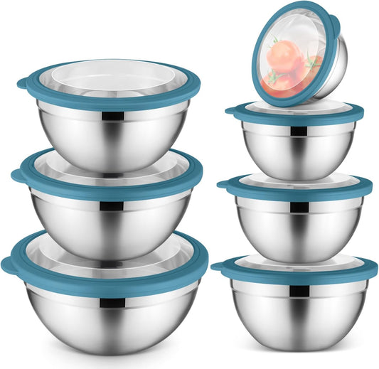 E-far Mixing Bowls Set of 7, Stainless Steel Mixing Bowls with Airtight Clear Lids, Metal Nesting Bowls for Kitchen Prep, Baking, Serving, Dishwasher Safe, Size 4.6, 3.5, 3, 2, 1.5, 1, 0.7QT, Blue