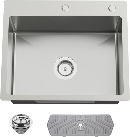 Kitchen And Bar Sink, 22x18 Inch Stainless Steel Drop In Kitchen Sink Modern Single Bowl Topmount Bar Sink Combo-Silicon Mat,Drain Strainer Set Compatibility With Various Kitchen & Bar Style