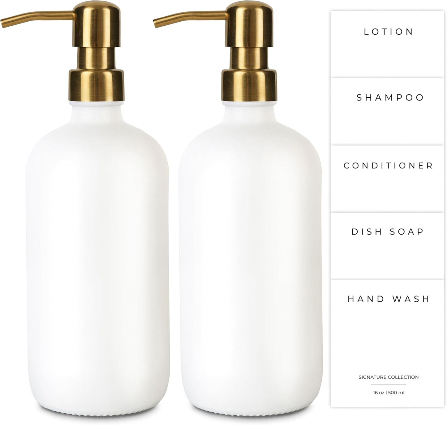 Emerson Essentials Soap Dispenser, Dish Bottle Dispenser for Kitchen, Farmhouse Hand Soap Dispenser, Kitchen Set, Glass Bottles with Pump and Labels | 16 Oz, 2-Pack