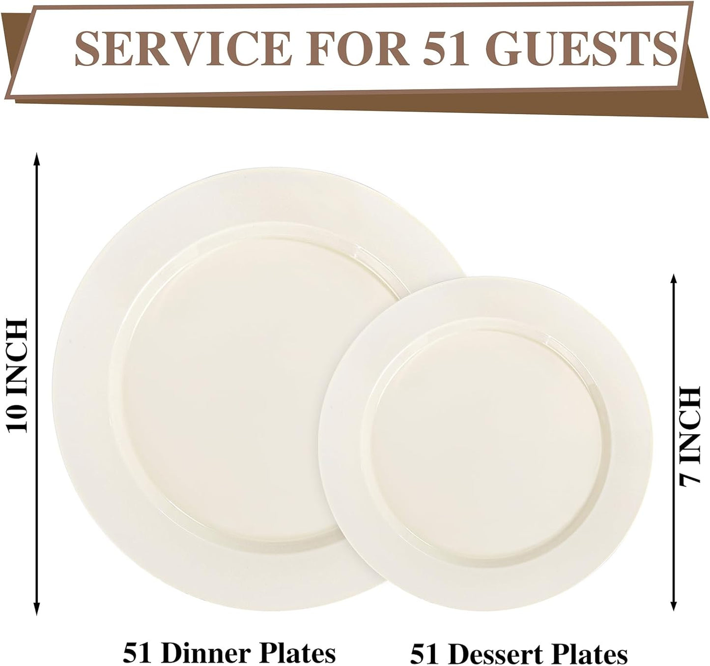 I00000 102 Pcs Ivory Plastic Plates, Disposable Party Plates Include 51 Ivory Dinner Plate 10’’ and 51 Plastic Dessert Plate 7’’ Perfect for Birthday, Party & Wedding