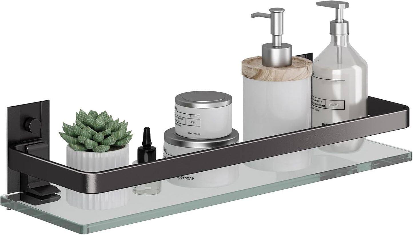 Danpoo Clear Tempered Glass Wall Shelf, Wall-Mounted Organizer for Bathroom, Kitchen(Matte Black)
