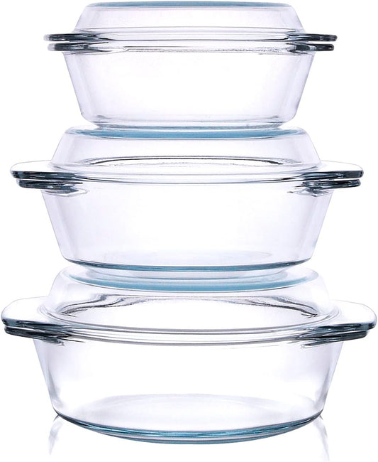 Set of 6 Pieces Round Tempered Glass Casserole Dish with Lids, Glass Casserole Baking Dish Set for Oven, Freezer and Dishwasher Safe - 0.7QT+1QT+1.5QT