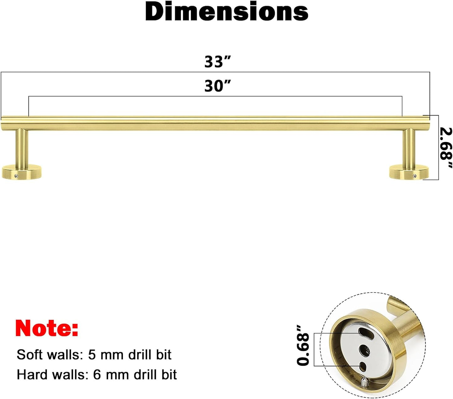 NearMoon Bath Towel Bar, Bath Accessories Thicken Stainless Steel Shower Towel Rack for Bathroom, Towel Holder Wall Mounted (1 Pack, Brushed Gold, 33 Inch)