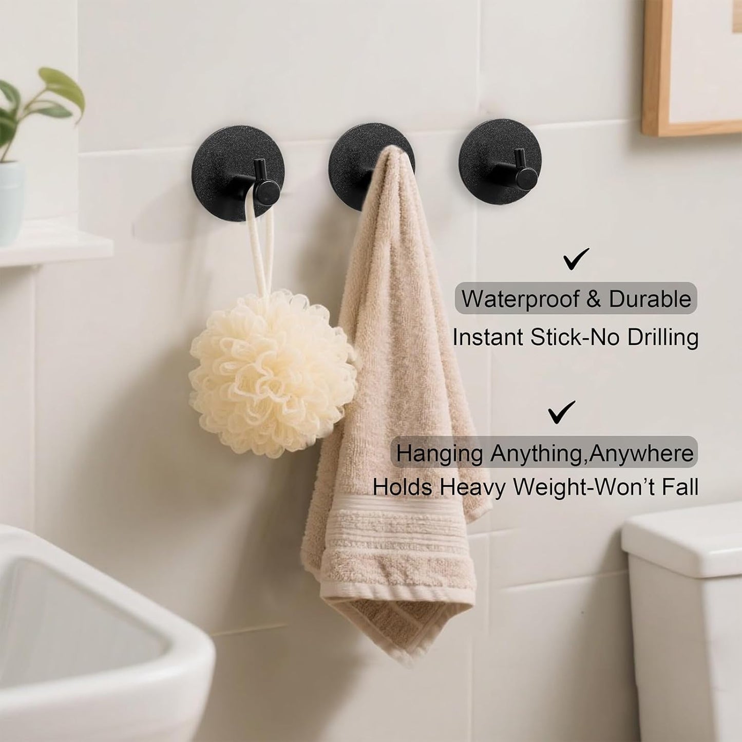 Aluminum Wall Hooks, No Drill Damage-Free Adhesive Hook, Product for Hanging Heavy Duty for Bathroom Kitchen Home (Single Round Black Hook, 4)