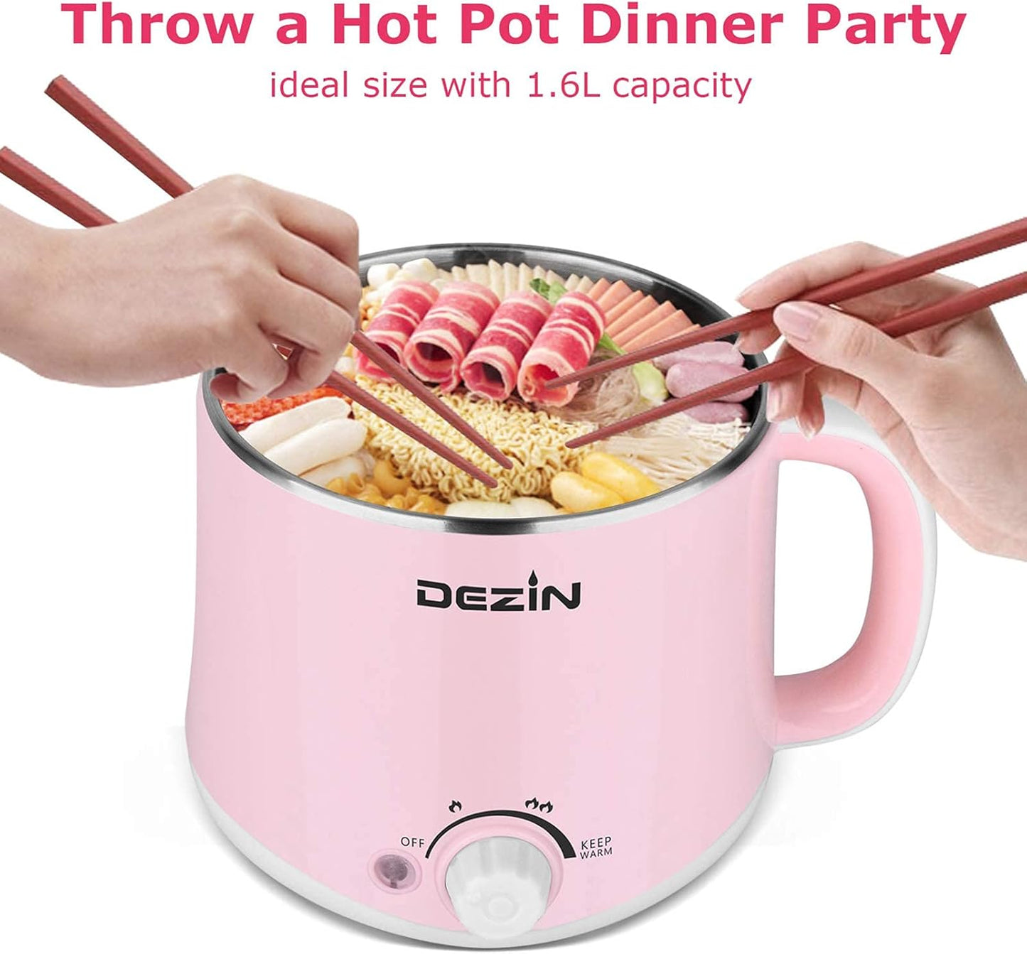 Dezin Hot Pot Electric, Rapid Noodles Cooker, Stainless Steel Electric Pot 1.6 Liter, Perfect for Ramen, Egg, Pasta, Dumpling, Soup, Porridge, Oatmeal with Temperature Control and Keep Warm Function