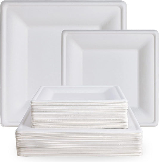 ECOLipak 120 Pack Compostable Paper Plates, 10 inch and 8 inch Heavy Duty Eco friendly Sugarcane Biodegradable Disposable Square Plates for Party Dinner Birthday