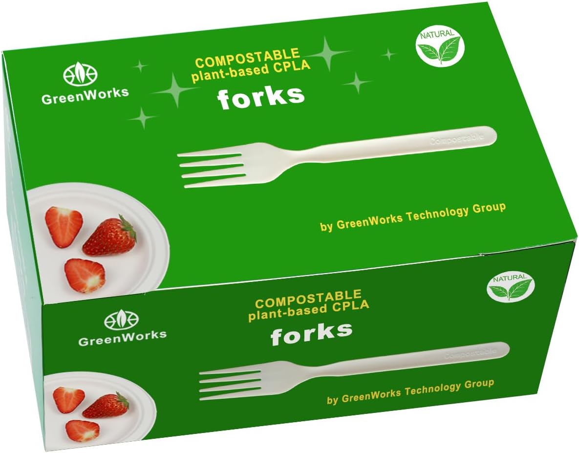 GreenWorks Heavy-duty Compostable Forks, BPI Certified 100 Count Large Disposable Cutlery Utensils Silverware Flatware Fork