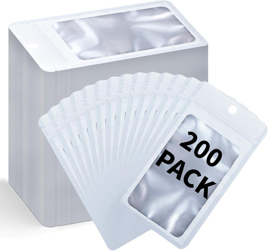 200 Pack Resealable Mylar Holographic Bags Food Storage Smell Proof Bags with Front Window Foil Packaging Pouch for Candy Sample Jewelry Small Business 2.95×4.72 Inch, White