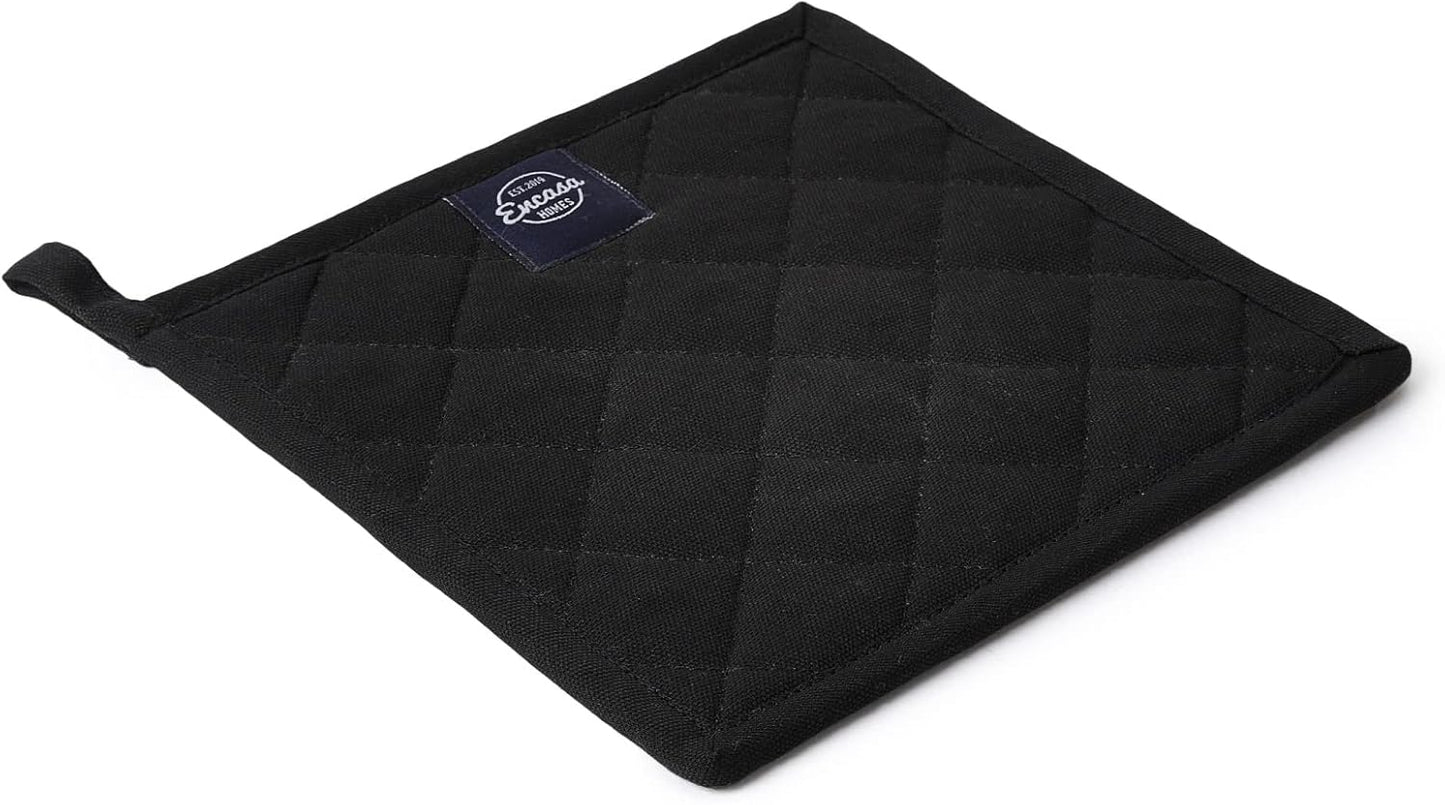Encasa XO Heat Resistant Cotton Pot Holders with Hanging Loop - Set of 2 - Full Black - Multipurpose Quilted Everyday Hot Pad for Kitchen, Camping, BBQ & Microwave - 8x8 in