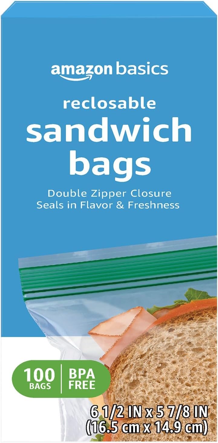 Amazon Basics Reclosable Sandwich Double Zipper Storage Bags, 100 Count, Pack of 1