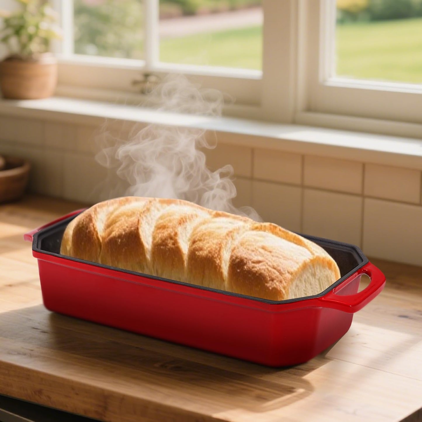 Bread Pan Cast Iron Loaf Pan with Lid Bread Loaf Pan 13x5 Inch Enameled Cast Iron Sourdough Bread Pan,Red