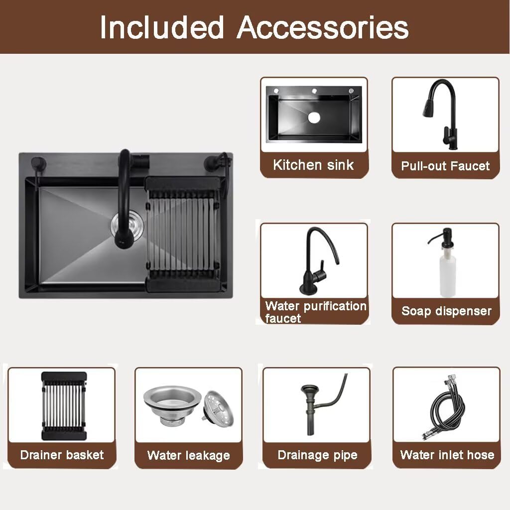 Black Drop in Kitchen Sink, Stainless Steel Single Bowl Sink with 3 Holes, Topmount Workstation Sink, Farmhouse Rectangle Basin with Multiple Accessories (21.7 * 17.7 * 7.9in)