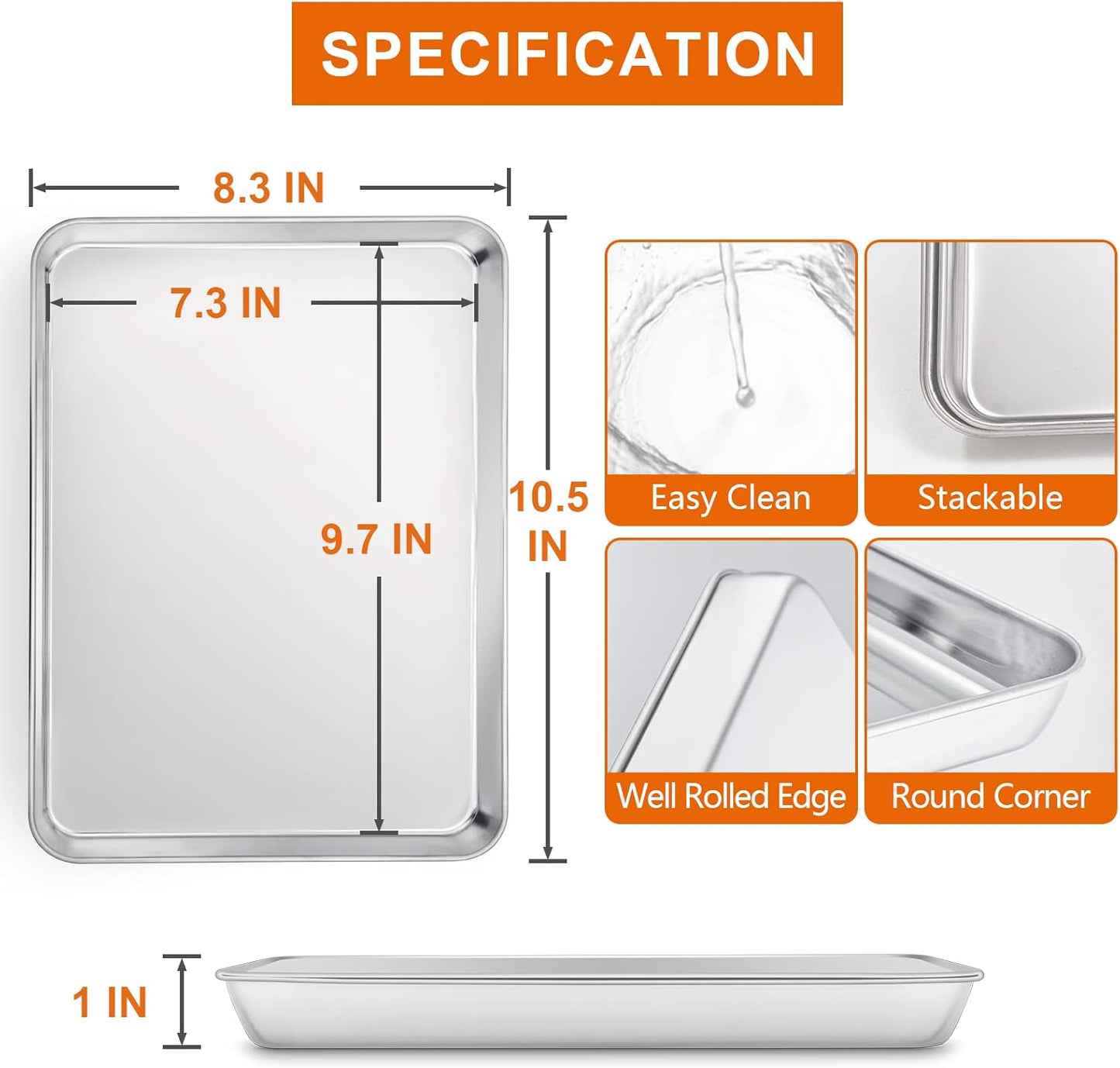 Small Baking Sheet Set of 2, E-far 10.5”x8.3” Stainless Steel Cookies Sheet Pan for Toaster Oven with 50 Parchment Paper, Rectangle Baking Tray for Cooking, Rust Free & Heavy Duty, Dishwasher Safe