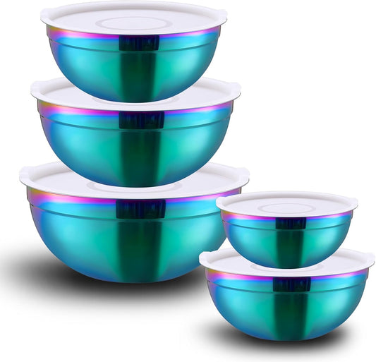 Rainbow Mixing Bowls with Lids Set of 5, Stainless Steel Nesting Bowl with Khaki Lid for Non-slip Mixing Prepping Storing Serving, 5 Sizes-5.5/3.6/2.7/2.1/1.5 QT
