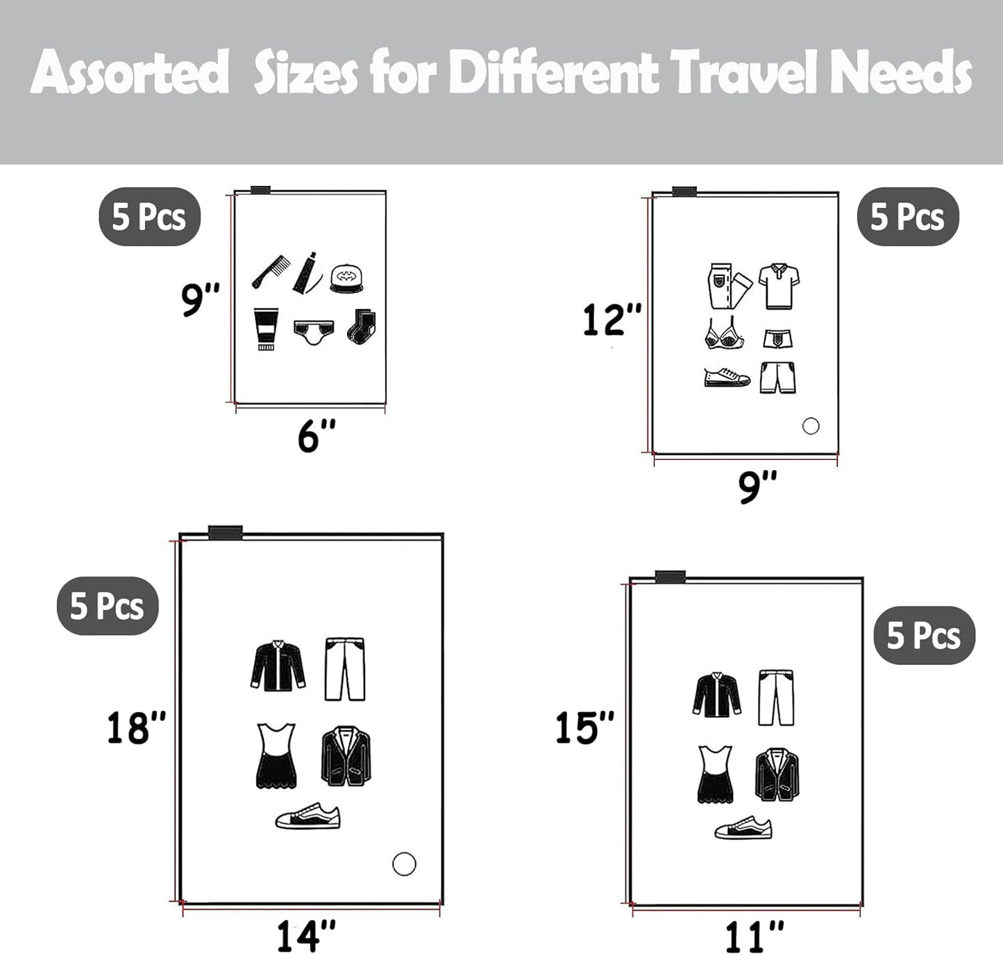 (20 pcs, 4 Sizes) Travel Luggage Organizer Bags, 4 Mil Slider Zip Plastic Clothing Packaging Bags, Travel/Home Storage and organizing pouches, Space Saver Bag (6''x9''-14‘’x18'')