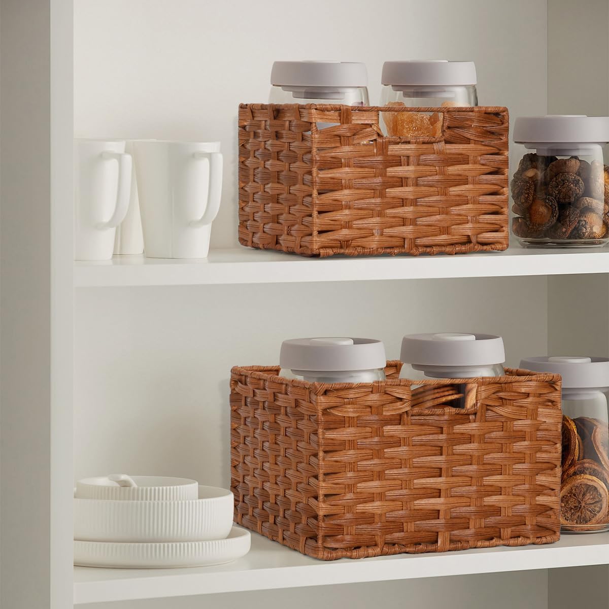 Wicker Storage Baskets with Handles, Decorative Handwoven Plastic Wicker Boxes Storage Basket for Room, Pantry, 2 Pack Large and Small (Brown)