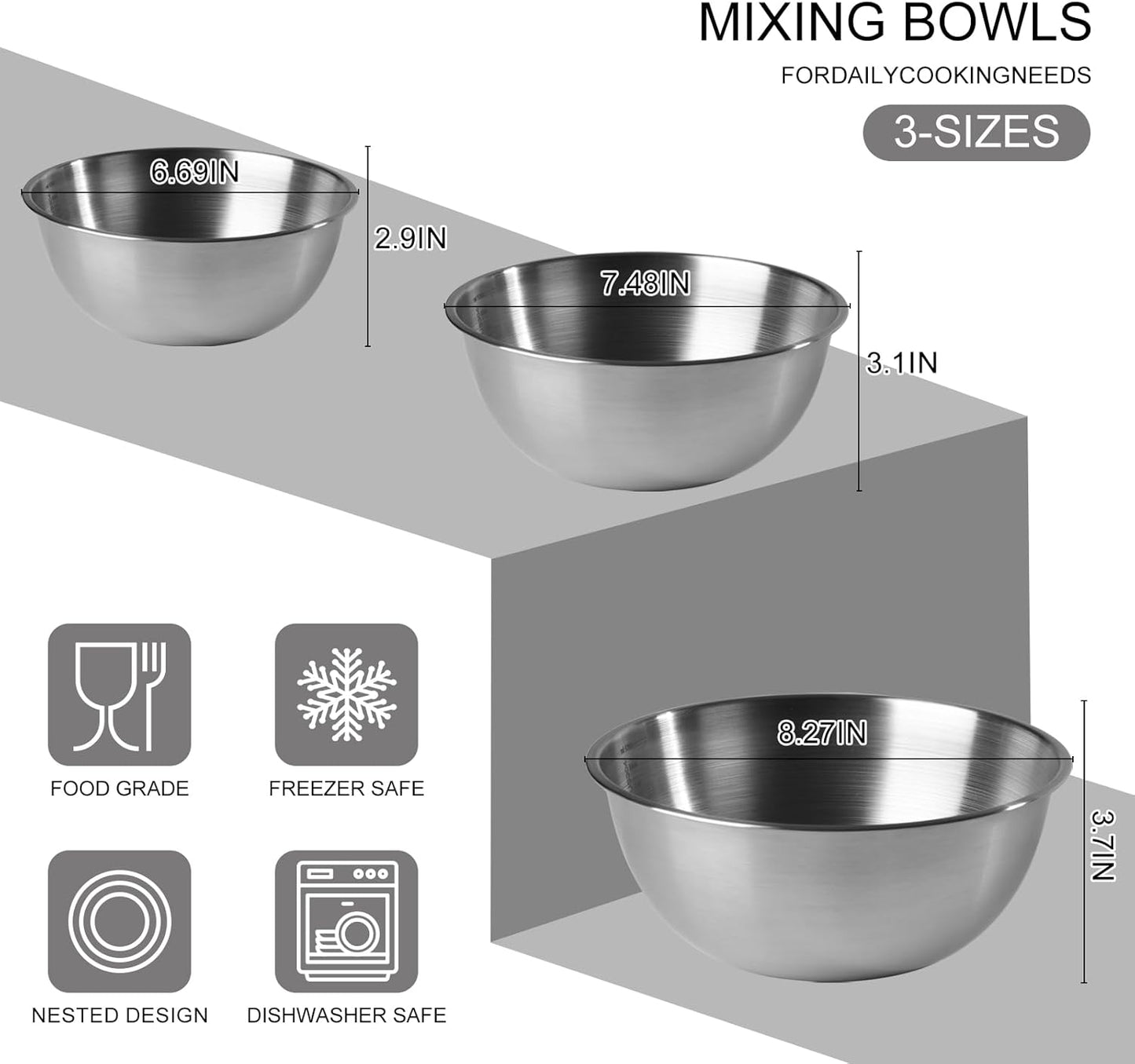 Stainless Steel Mixing Bowls, Three nested Large Mixing Bowls Stainless Steel with scale Perfect for Your Kitchen Needs Like Cooking,Baking, and Making Salads