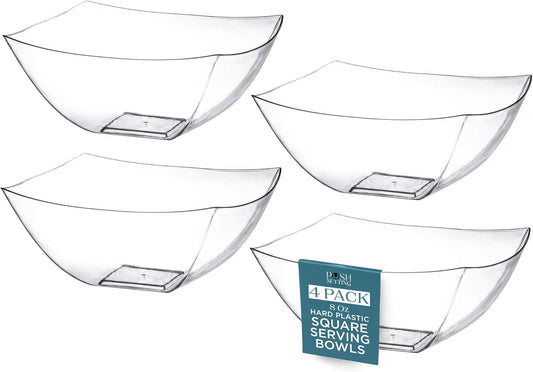 Posh Setting - Clear Plastic Serving Bowls for Party (8oz - 4 Pack) Square, Disposable, Salad & Fruit Bowls for Party Table, Candy Containers for Candy Buffet