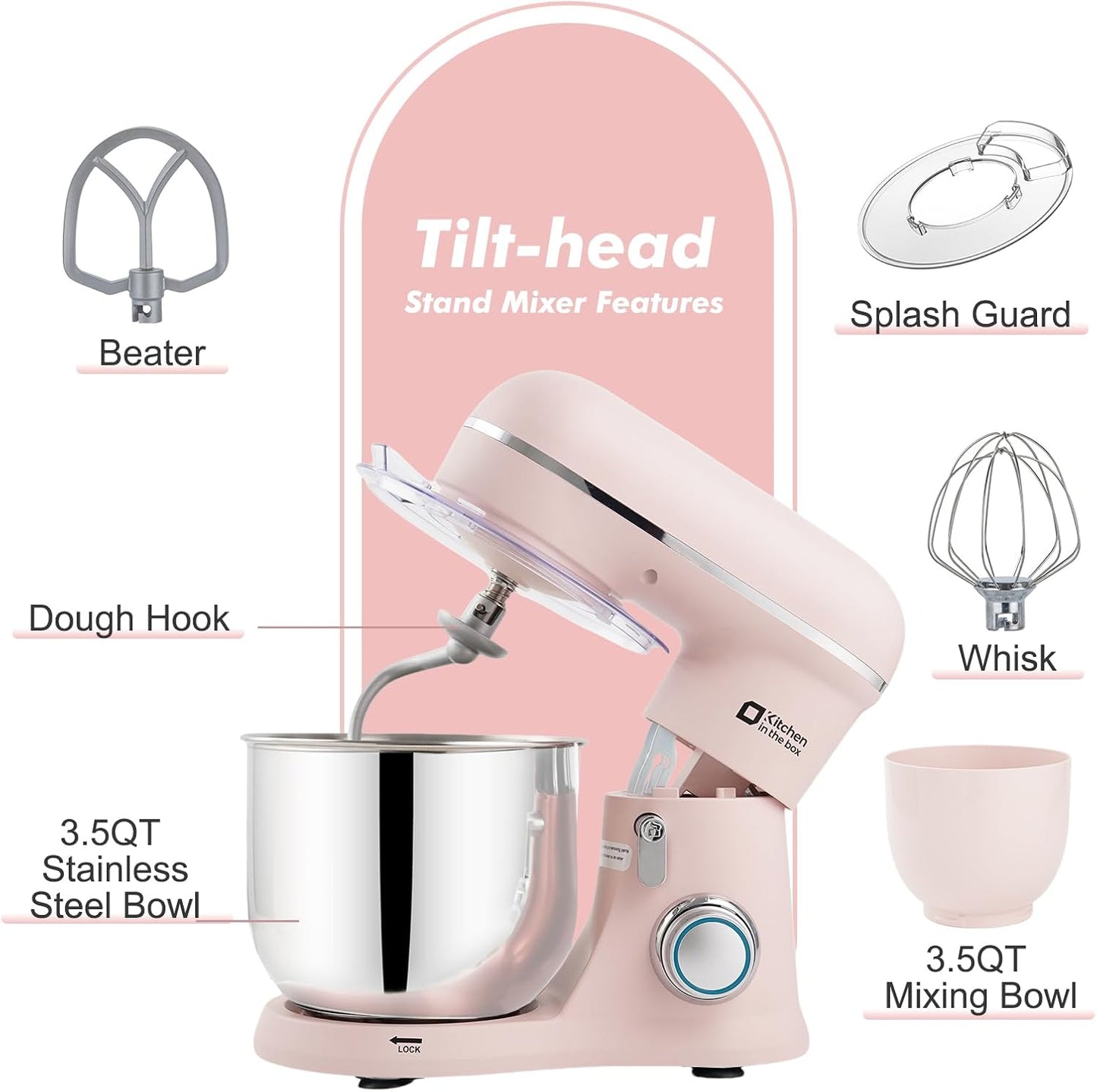Kitchen in the Box Stand Mixer, 3.5QT Two Bowls Small Kitchen Electric Mixer, 10-Speed Portable Lightweight Matte Finish with Egg Whisk, Dough Hook, Beater (Rose Pink, 3.5QT)