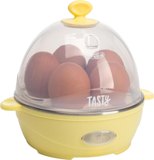 Tasty Mini Rapid Egg Cooker, 5-Egg Capacity for Perfect Hard Boiled Eggs or Omelets, Auto Shut Off, Yellow