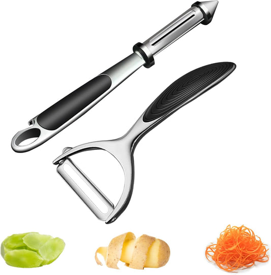 Vegetable Peeler - Stainless Steel Ultra Sharp Shape Potato Peelers, Non-Slip Soft Grip Handle, Y and I Effortless Carrot & Fruit Peeling 5-in-1 Peeler Set