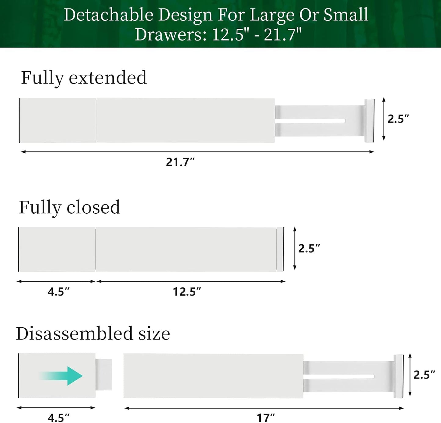 FJO 4 Pack Adjustable Bamboo Drawer Dividers - 12.5" - 21.7" Expandable Drawer Separators for Kitchen, Utensils, Clothes, Bedroom, Dresser, Bathroom (White)
