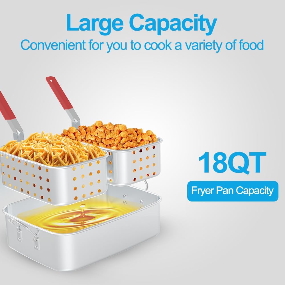 FireRiot 18QT Aluminum Deep Fryer Pot with Baskets & Heat-Resistant Silicone Handles - Lightweight & Durable Fish Fryers Outdoor Cooking - Rectangular Fish Fryer Basket for Outdoor Fryer