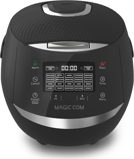 MAGiC COM Rice Cooker, 10 Cup(Uncooked) 20 Cup(Cooked) One Touch Healthy Cooking with 15 Menu Modes, Nonstick Inner Pot, Steamer Basket, Auto Clean, 24 Hour Delay Timer and Auto Keep Warm (Black)
