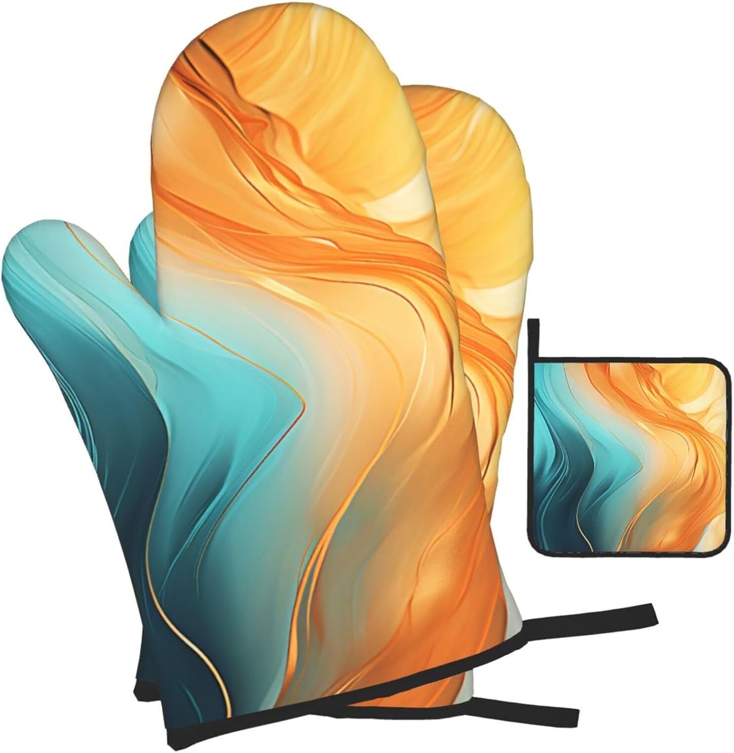 Orange Teal Marble Oven Mitts and Pot Holders Sets of 3 Kitchen Hot Pads Modern Oven Gloves Heat Resistant Washable for Cooking Grilling Baking Holiday Kitchen Decor