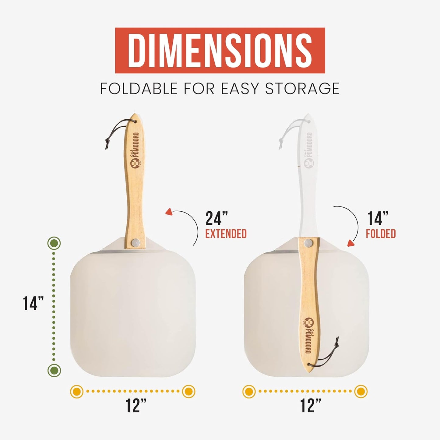 Chef Pomodoro Aluminum Metal Pizza Peel with Foldable Wood Handle for Easy Storage, Pizza Spatula, Gourmet Luxury Pizza Paddle for Baking Homemade Pizza Bread (12 inch)