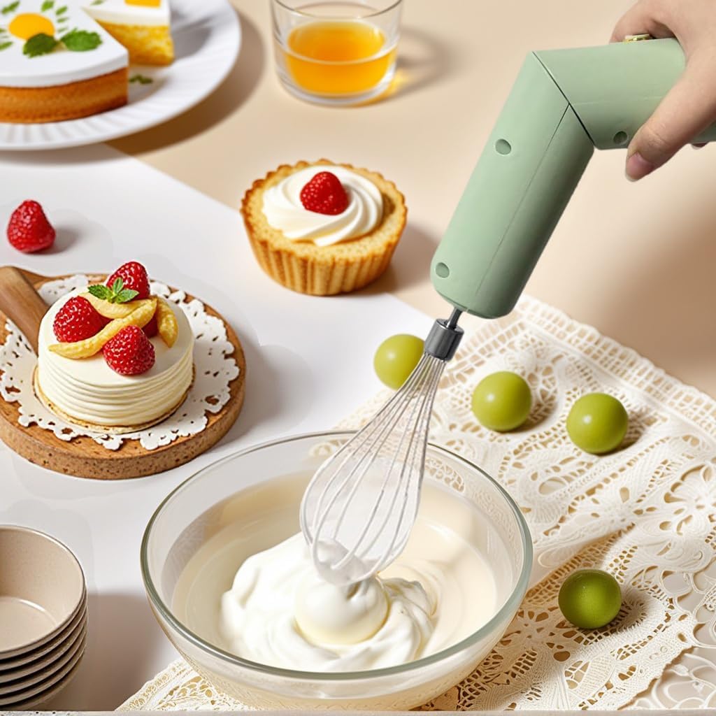 Cordless Hand Mixer, Foldable Design Handheld Electric Whisk with 3 Speed Modes, Hand Held Egg Beater with 2 Detachable Stir Whisks (Green)