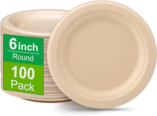 Compostable Disposable Paper Plates - 6 Inch, 100 Pack, Brown, Sturdy, Ideal for Dessert, Cake, Appetizer