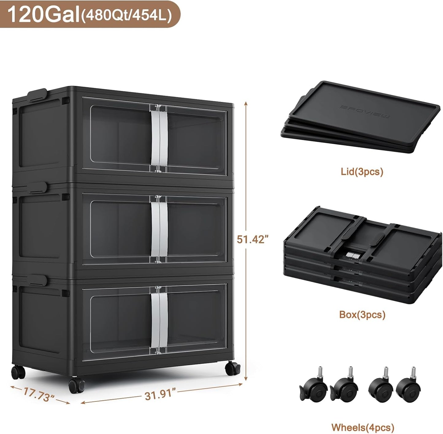 480QT Stackable Storage Bins with Lids, 120Gal Extra Large Collapsible Storage Box with Wheel, Plastic Storages with Clear Door Open Front for Home Bedroom Garage, Black-3pack(3 lids)
