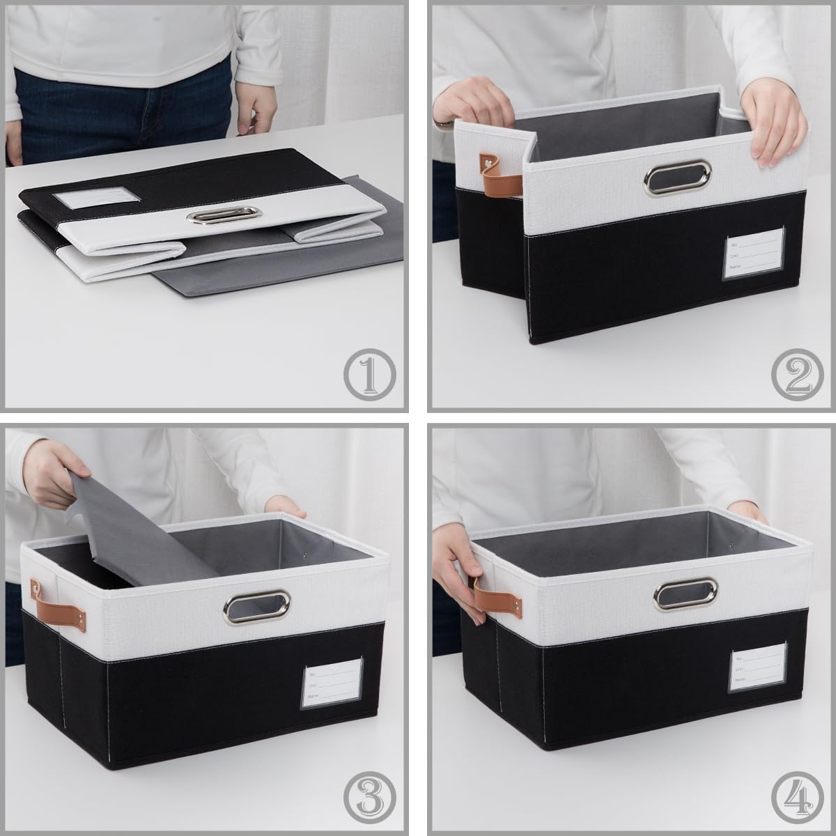 PRANDOM Foldable Storage Bins with Handles [3-Pack] Fabric Collapsible Storage Boxes Baskets Cubes Containers with Handles for Closet Living Room Bedroom (Black & White 14.9x9.8x8.3'')