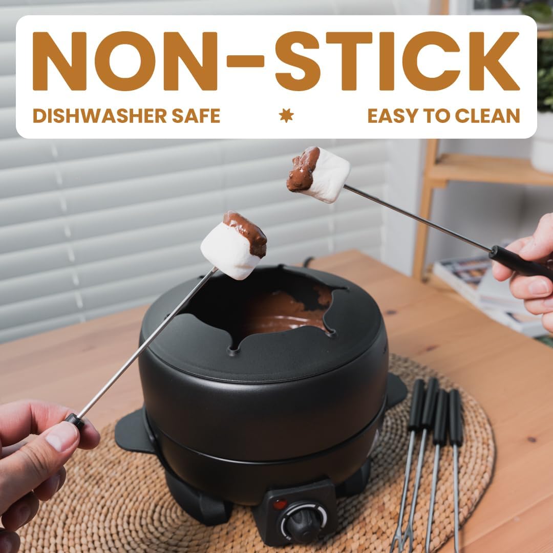 Electric Fondue Pot Set - 2-Liters Black Electric Pot with 6 Stainless Steel Fork - Temperature Control Ideal for Cheese, Caramel, Chocolate - Non-stick and Dishwasher Safe Fondue Pot Set by Stilaris
