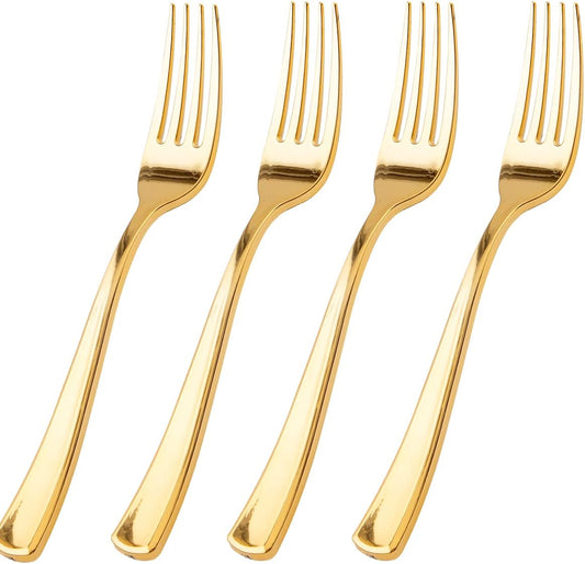 WDF 100 Pcs Gold Plastic Forks Heavy Duty - BPA-FREE, Sturdy&Durable Forks Disposable 7.4inch - Elegant Gold Forks for Dessert, Durable Plastic Cutlery for Party, Wedding or Daily Using