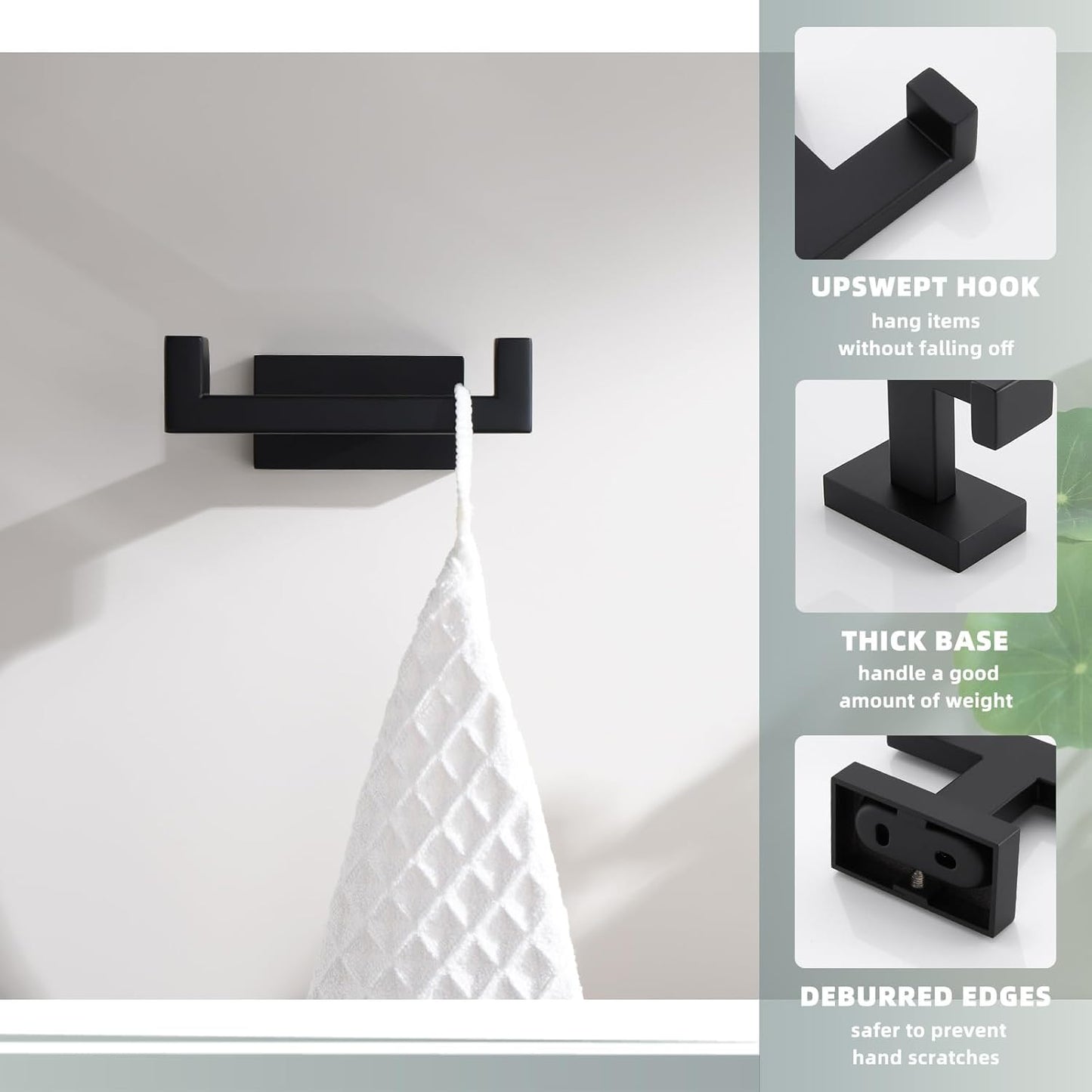 Suyar Matte Black Double Towel Hook, SUS 304 Stainless Steel Bathroom Coat Robe Hook, Hand Towel Holder for Wall