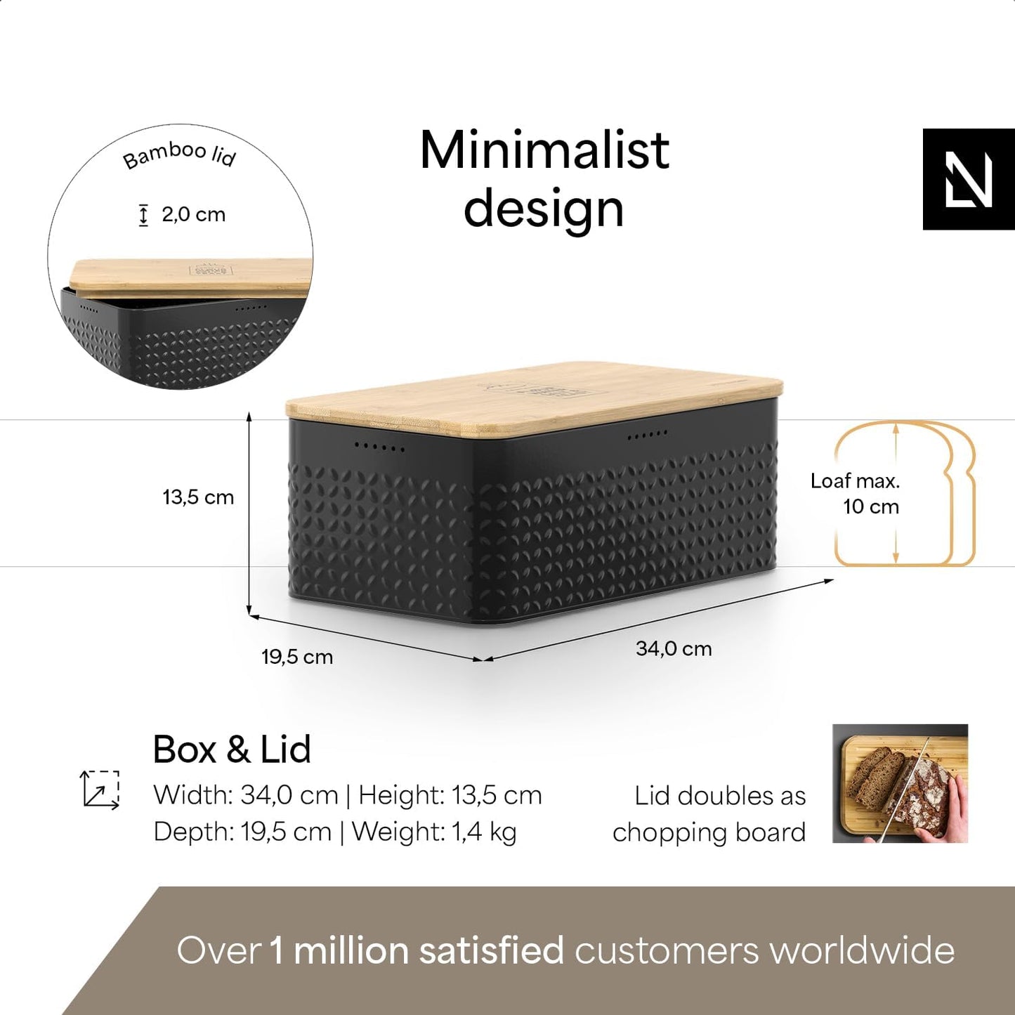 LARS NYSØM Bread Box I Metal Box with linen bag for long lasting freshness I Bread Bin with bamboo lid usable as cutting board I 13.4x7.3x5.3In (Carbon Black)