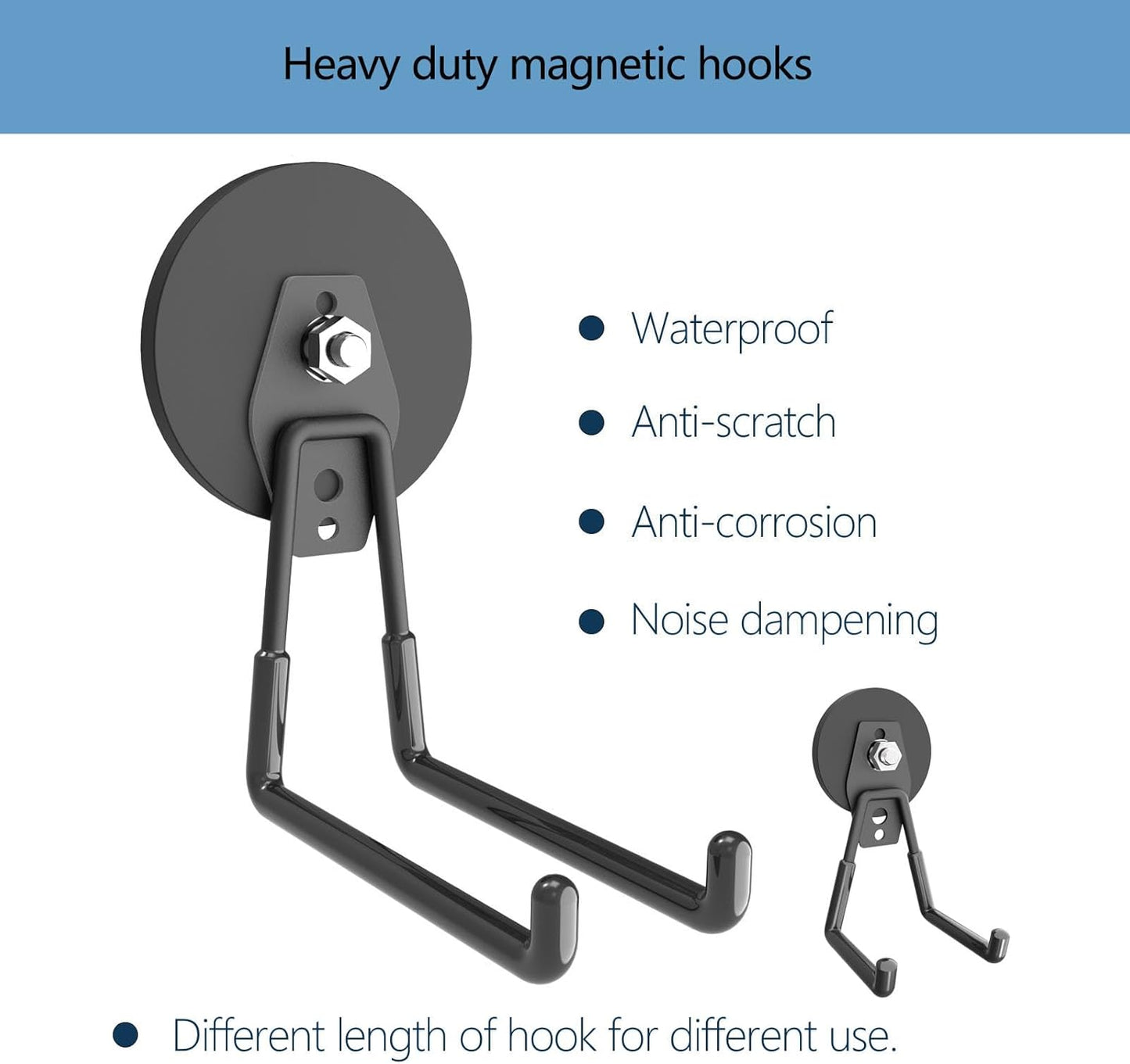 Heavy Duty Magnetic Hooks - Anti-Slide Garage Hanger, Magnetic Mounting for Garden Tools, Hose, Power Drill, Steel Pegboard, Workshop (8 Pack)