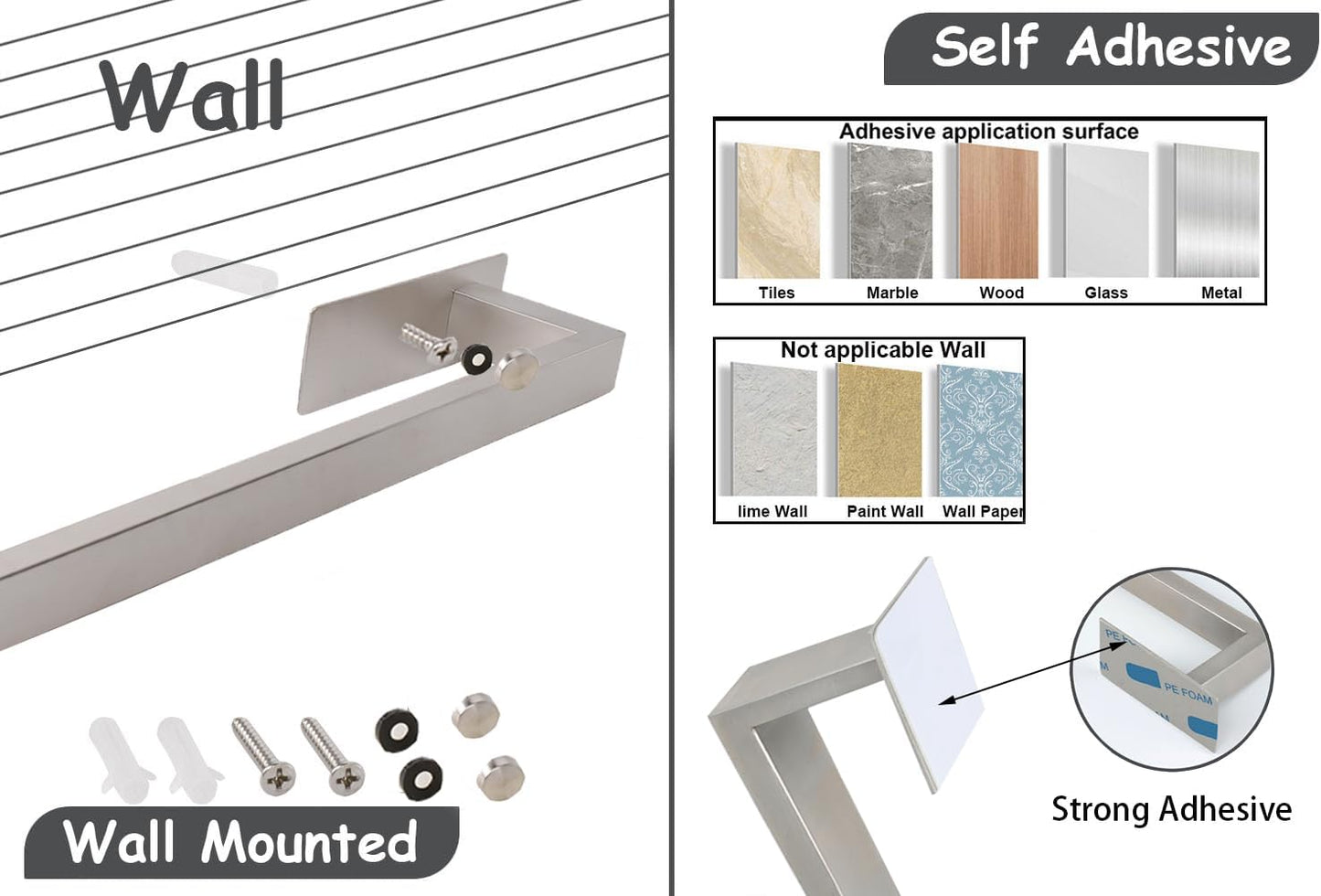 Bathroom Towel Bar Self Adhesive, No Drilling Towel Rack Easy to Install,Hand Towel Holder Made of Premium Stainless Steel Sticky on Hand Towel Hanger for Kitchen, Toilet.(12IN, Brushed)