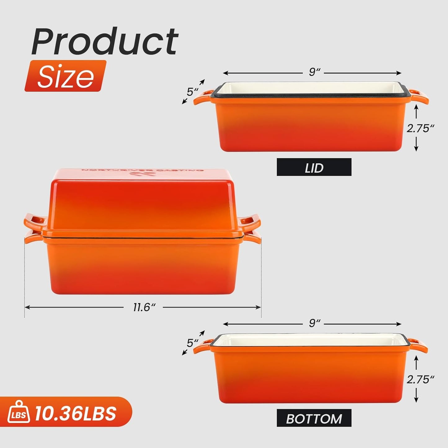 Enameled Cast Iron Loaf Pan with Lid, Best Bread Oven, Bread Loaf Pans for Baking Homemade Sourdough Bread 9x5, 2 Piece set, Flame