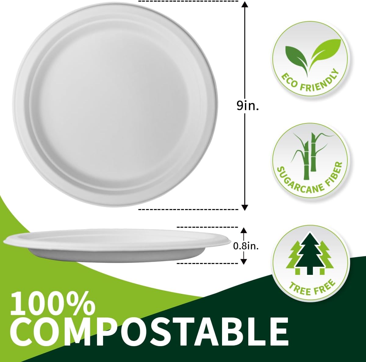 9 Inch Compostable Paper Plates 【White150 Pack】,100% Sugarcane Bagasse Medium Disposable Plates, Sturdy Heavy Duty, Biodegradable Dinnerware for Party, BBQ, Picnic, Camping