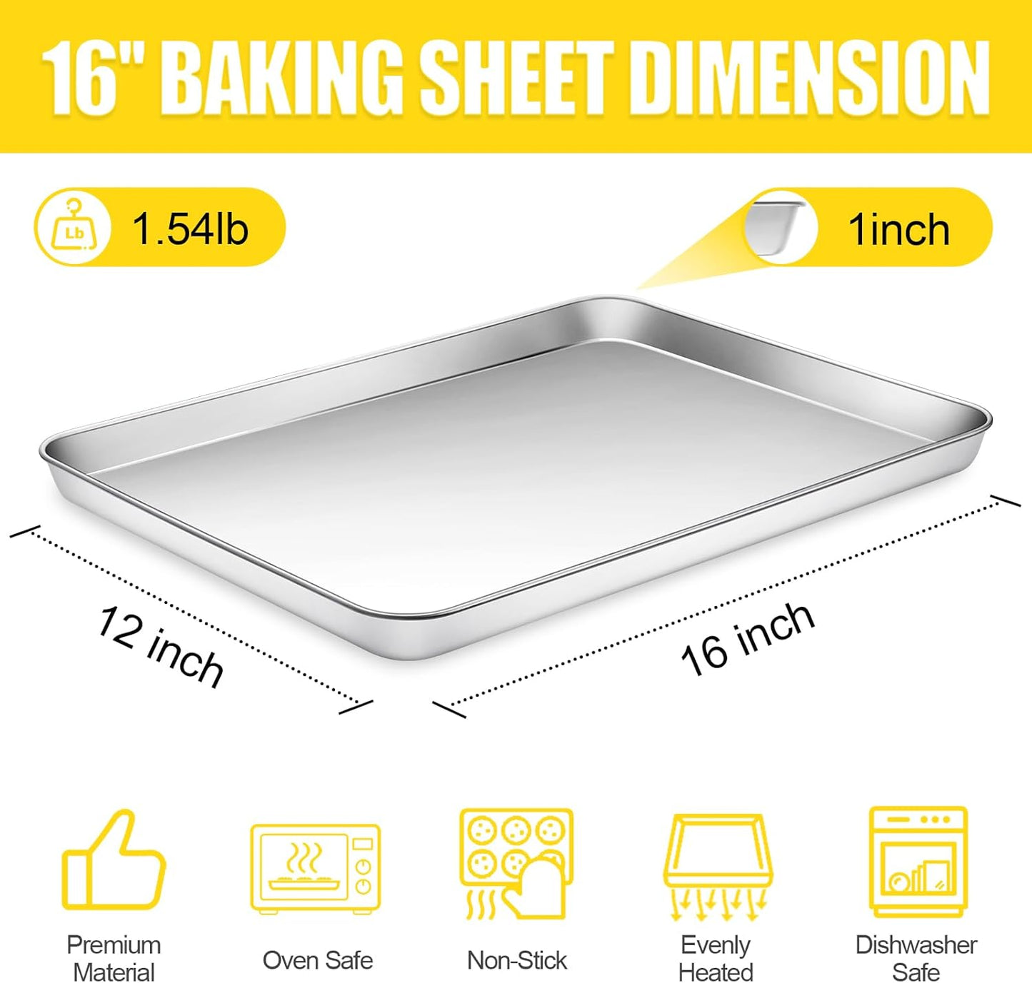 Baking Sheet, Cookie Sheet, Stainless Steel Baking Pan, 2 Piece-16''x 12'' x 1'', Sheet Pan for Oven, Jelly Roll Pan, Baking Tray for Baking&Roasting, Nonstick&Nontoxic&Easy Clean