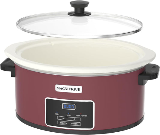 7-Quart Programmable Slow Cooker with Timer Keep Warm - Small Kitchen Appliance for Family Dinners - Serves 6+ People (Red Shell + White Ceramic Liner)