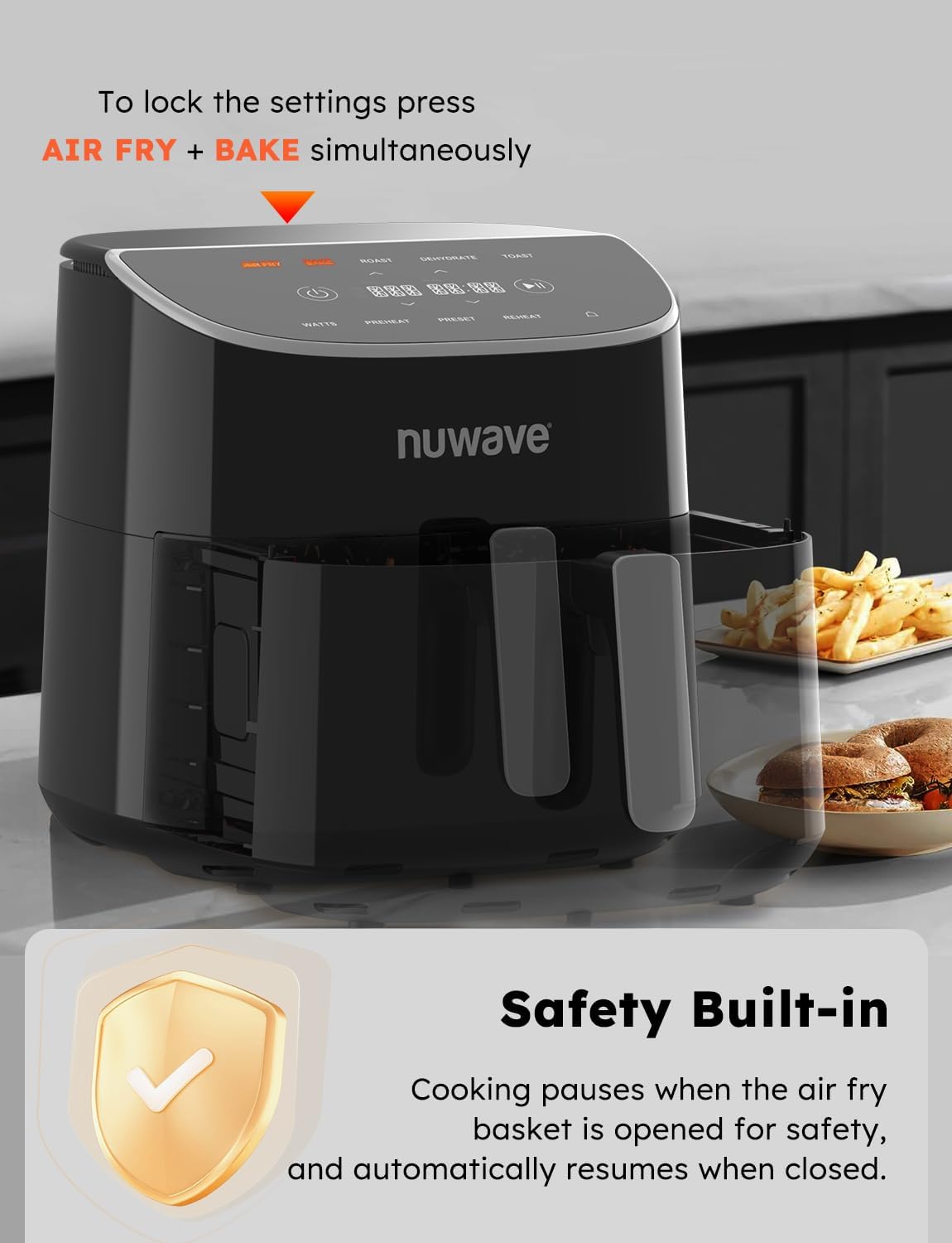 Nuwave Brio Plus 8 Qt Air Fryer, PFAS Free, New & Improved, Digital Touch Screen, Cool White Display, 50°F~400°F in Precise 5°, 5 Cook Functions, 100 Presets & 50 Memory, 3 Wattages 700, 1500, 1800