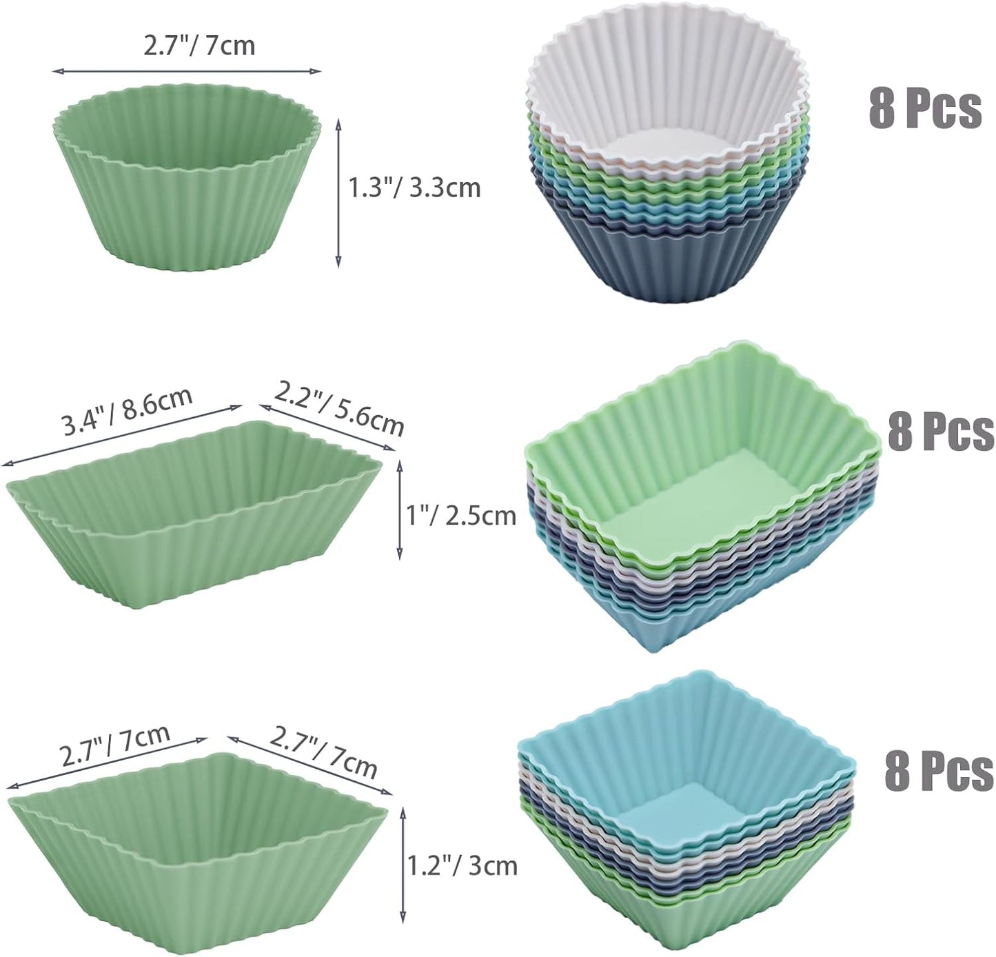 24-Pack Silicone Cupcake Liners, Reusable Muffin Cups – Round, Square & Rectangle Baking Cups, Non-Stick, Easy to Clean, Bento Box Accessories, Lunch Box Dividers for Kids