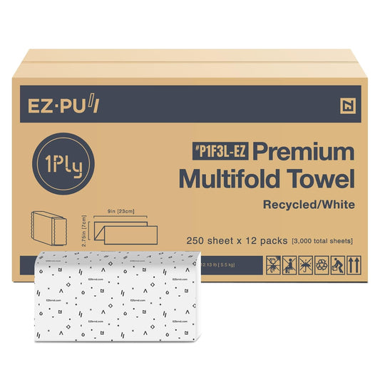 EZbrnd Premium Recycled 1ply MULTIFOLD Paper Towels, FSC certified, 250 Sheets x 12 pk, P1F3L-EZ