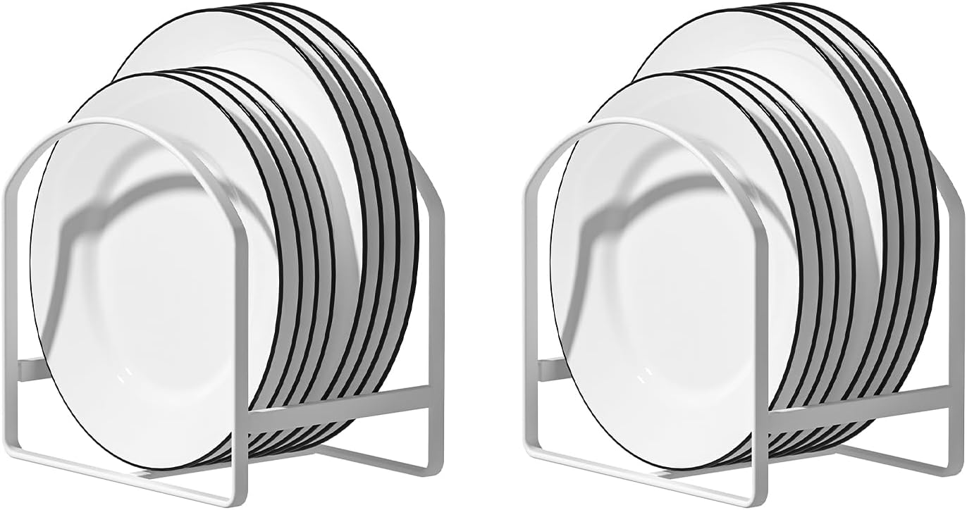 2 Pack Kitchen Plate Holder Organizer for Cabinet Space Saver Dinner Dish Storage Rack Upright Dish Drying Racks Metal Plate Dish Racks Stand for Cupboard and Countertop Rustproof Large White